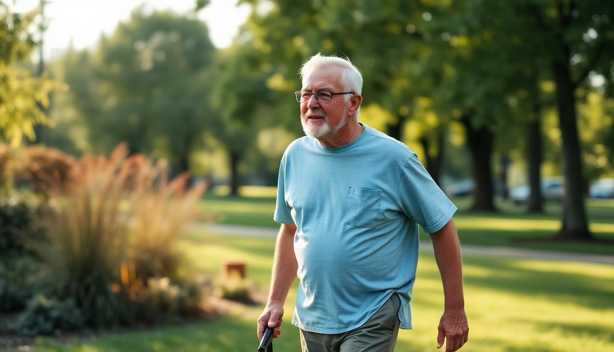 Uomo over 60 che cammina all'aperto durante il recupero post-operatorio